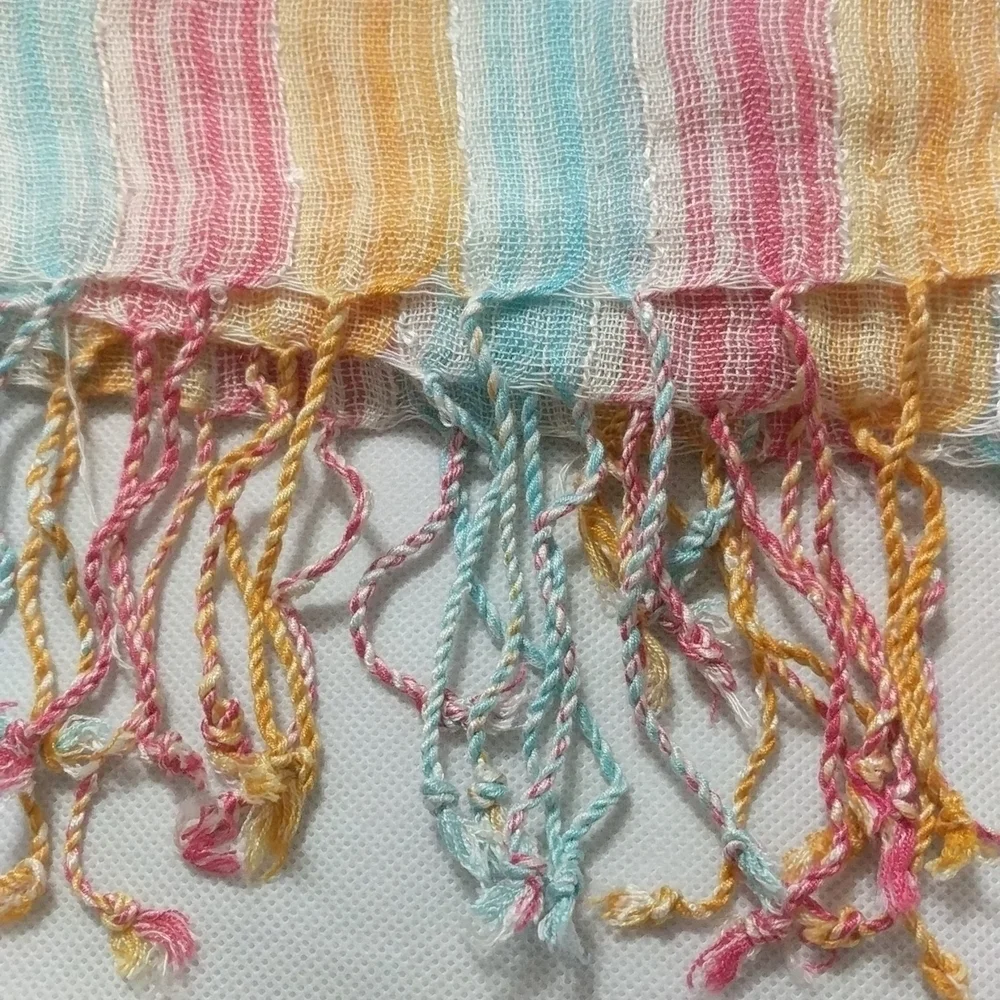 Pink, Yellow, Blue Stripe Woven Scarf with Fringe